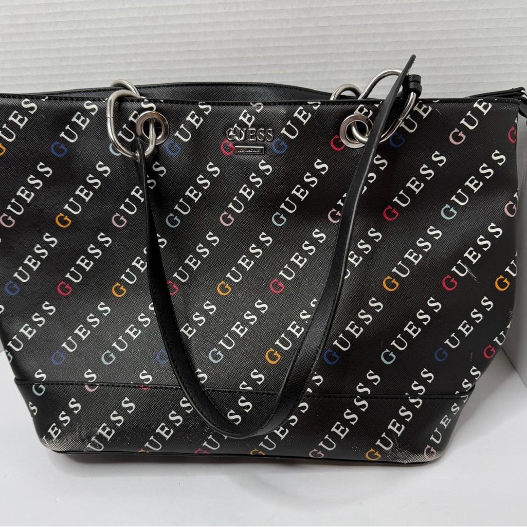 Guess Black Tote With Multicolor Logo Print